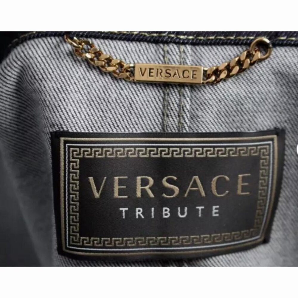 NWT VERSACE Tribute Blue Dark Wash Denim Gold Medusa Button Cropped Vest - Picture 11 of 11